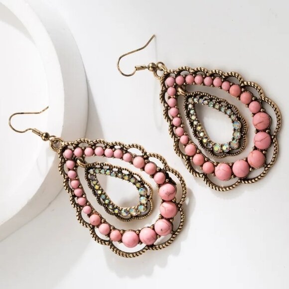 2/$24 Pink Teardrop Vintage Statement Earrings With Rhinestones & Beads - Picture 4 of 7